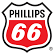 Phillips 66 Logo Consisting of the word "PHILLIPS" in black upper case font above the number "66" in white on a red background. The black outline for the logo is an interstate sign symbol.